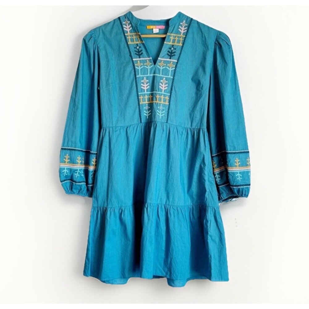 Briton Court Blue Embroidered Boho Peasant Tiered Dress Women’s Small Folk